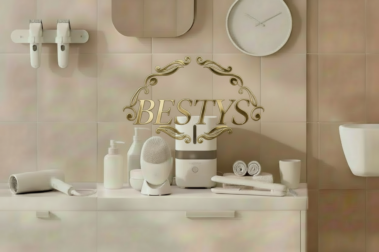 White toiletry bag on a bathroom counter with beige tiles and sink in the background.